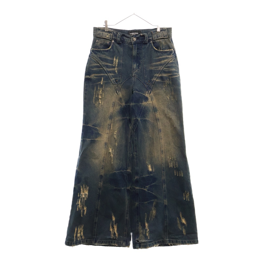 LAKE USED DUNE DENIM ユーズド加工 ダメージ ジーンズ ワイドフレア デニム パンツ インディゴ Bランク