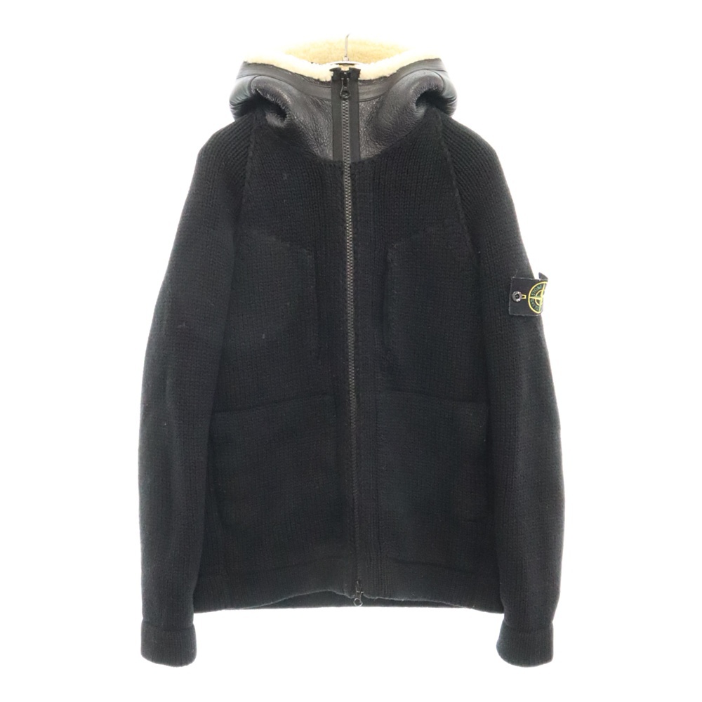 袖ロゴパッチムートンフードレザーボアニットジャケット ブラック 6715546A2 Bランク