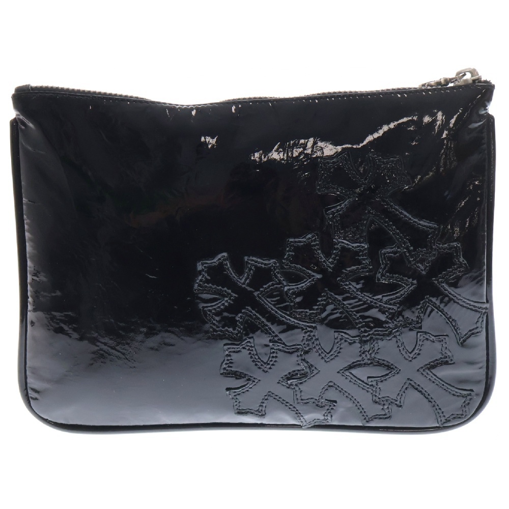 Patent Leather Pouch パテントレザー ダガージップ クロスパッチ スクロールラベル クラッチバッグ ポーチ ブラック Bランク