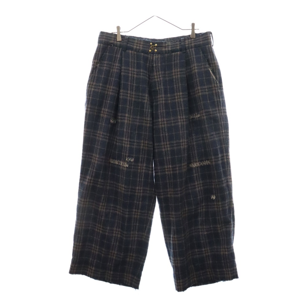 21AW Tweed Crash Pants ツイードチェック ダメージ加工 ワイドパンツ 21WCM-P19112 ネイビー Bランク