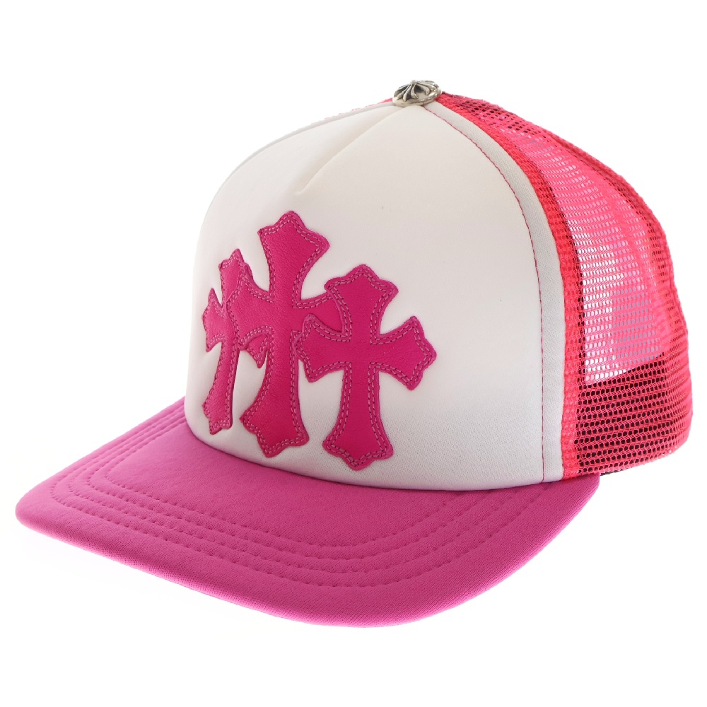TRUCKER CAP セメタリークロス レザーパッチトラッカー メッシュキャップ 帽子 ホワイト/ピンク/シルバー Sランク