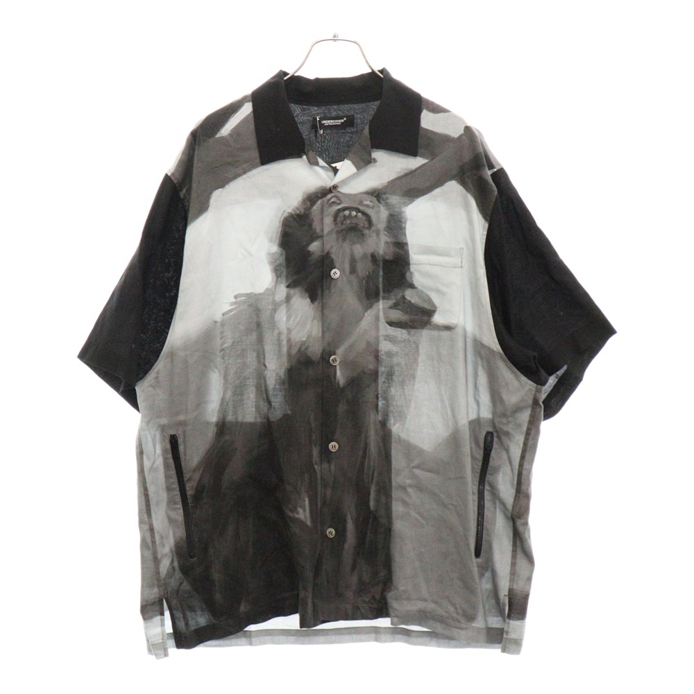 24SS ヘレン バーホーベン フルグラフィックプリント レーヨン オープンカラー 半袖シャツ ブラック/グレー UC1D4403 Sランク