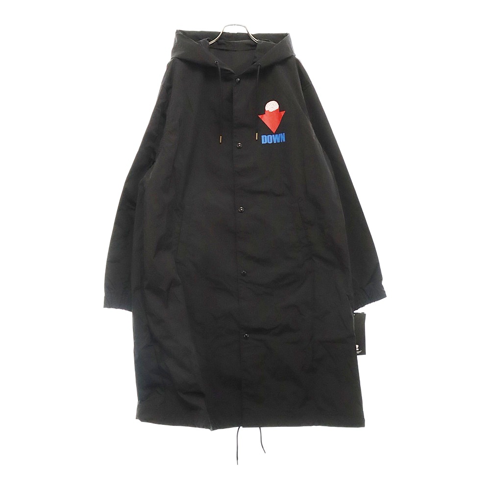 24SS Nylon coach jacket グラフィックプリント フロントボタン フーデッド ナイロン ロング コーチジャケット ブラック UC1D4305-3 Aランク