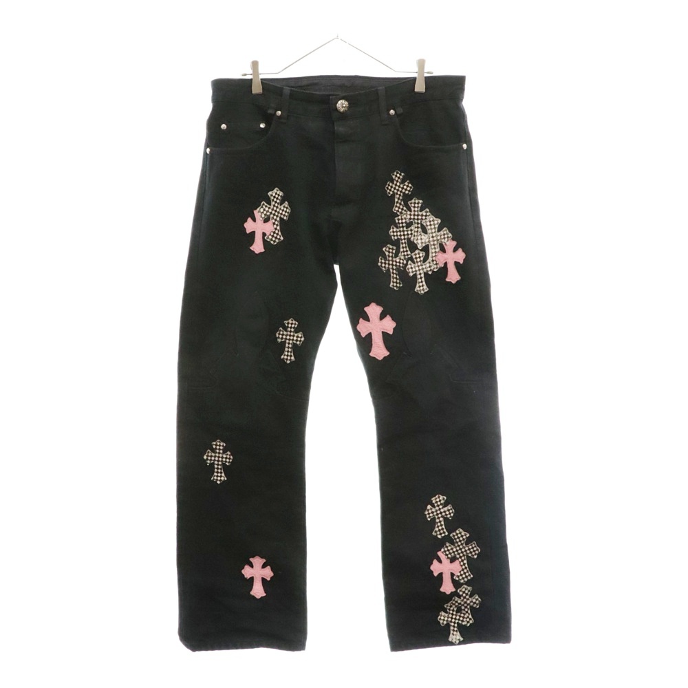 JEAN SL FLEURKNEE チェッククロスパッチ フレア二ーデニムパンツ ブラック Bランク