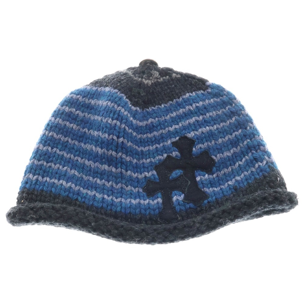BEANIE CASH キャッシュビーニー クロスボタン付き クロスパッチ カシミヤニットキャップ ブルー/ブラック Bランク