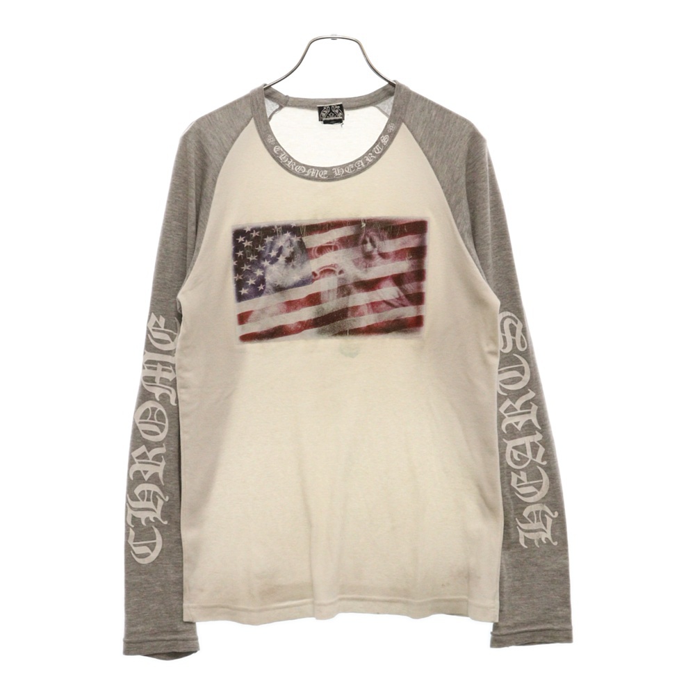 Old Neck Logo L/s Tee ネックロゴラグラン 長袖カットソー ロンT 星条旗プリント ホワイト/グレー Bランク