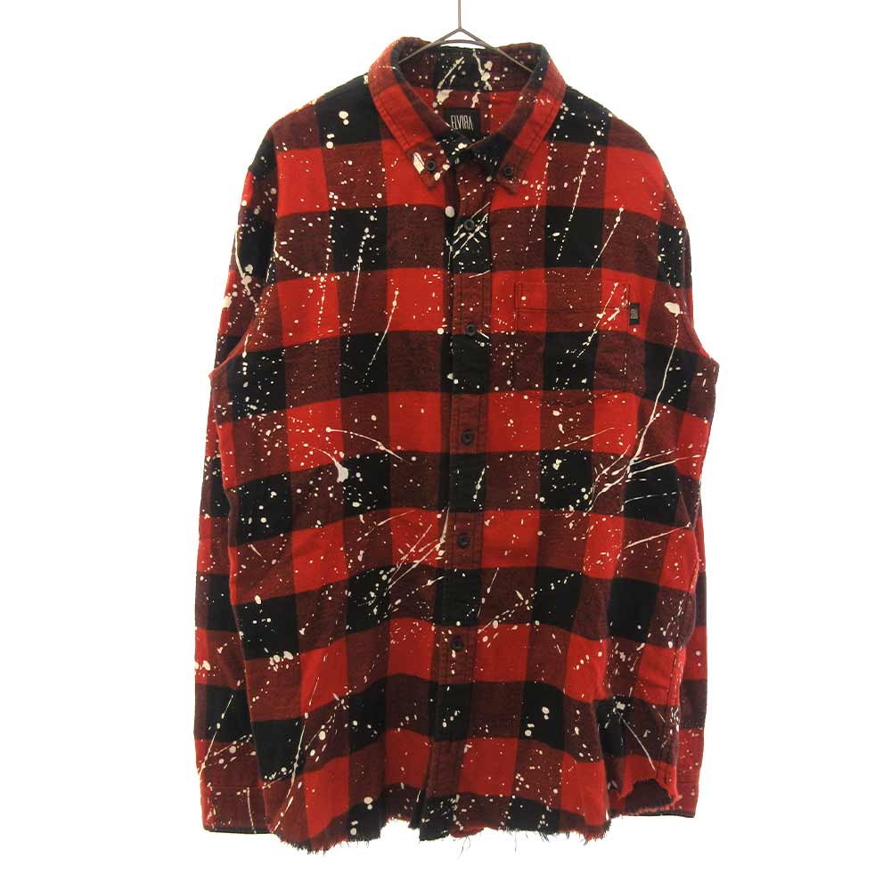 L villa paint check shirt ペイント加工長袖チェックシャツ レッド Aランク