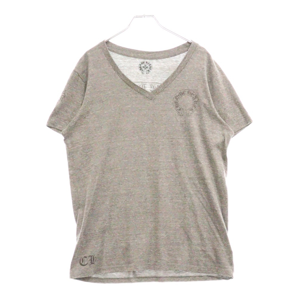 Vネック バックスクロールラベルプリント 半袖Tシャツ カットソー グレー Bランク