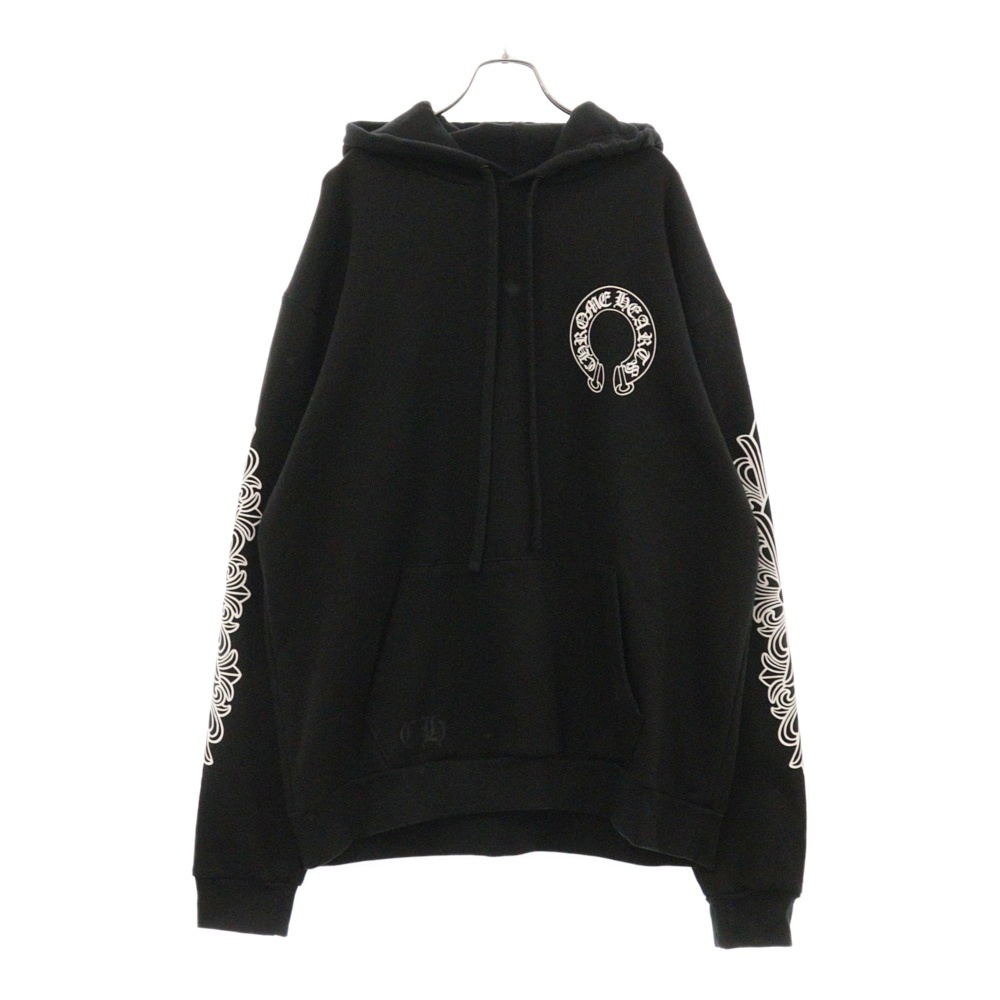 HORSESHOE PULLOVER HOODIE ホースシュープリント アームフローラル スウェット プルオーバーパーカー ブラック Aランク