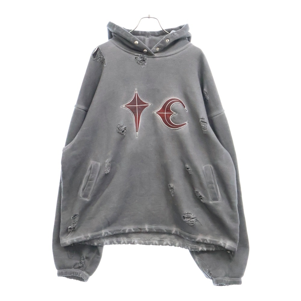 23AW ROCK HOODED SWEATSHIRT ヴィンテージ加工 レザーワッペンロゴ ロック フーデッド スウェットパーカー グレー TC23TS0101 Bランク
