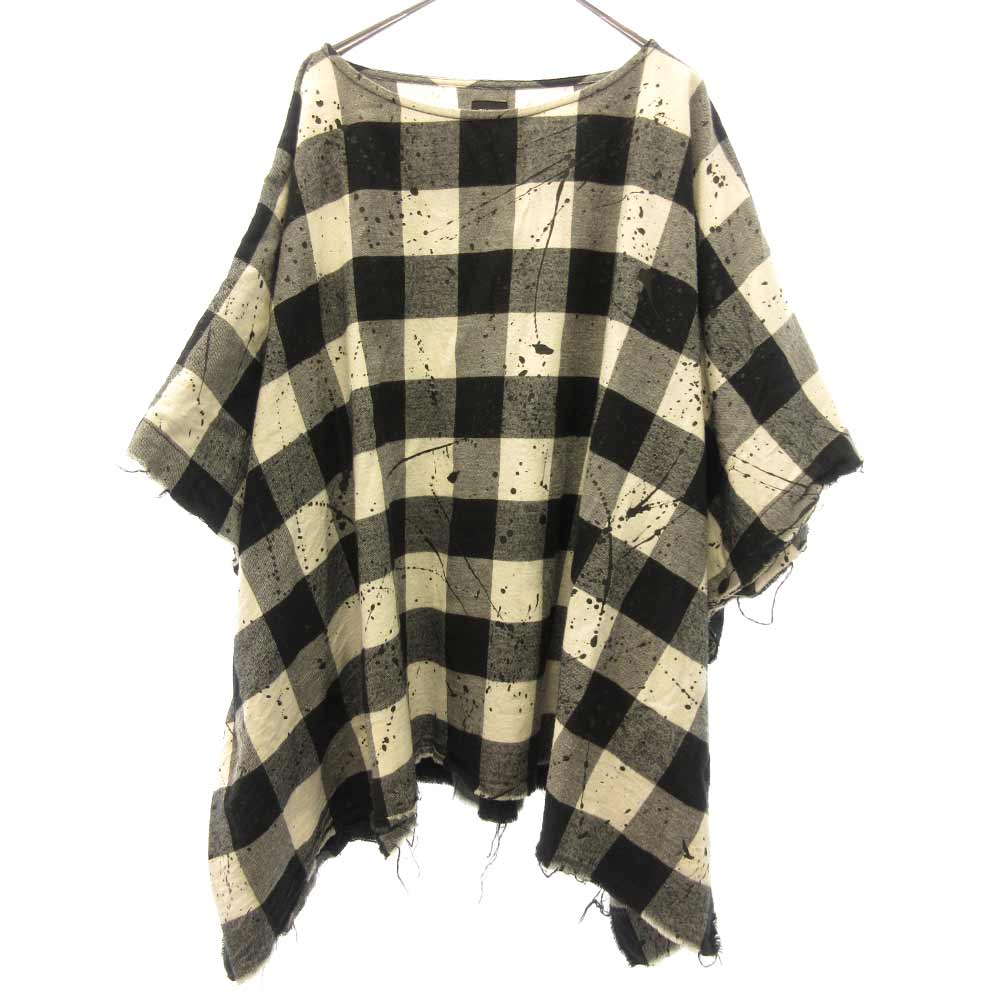 チェック柄 ペンキ加工ポンチョ シャツ ブラック ホワイト Aランク