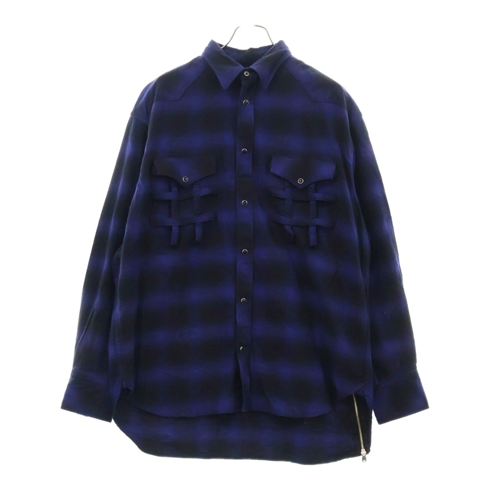 21SS SIDE BACK ZIP - NOT WESTERN SHIRT サイドジップ オンブレチェック 長袖ネルシャツ ブルー/ブラック ss.0013 Bランク