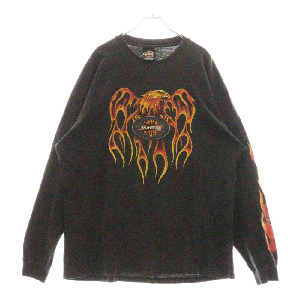 90s HARLEY DAVIDSON LS TEE ハーレーダビッドソン レッドフレイム バックイーグル Tシャツ 長袖カットソー ブラック Bランク
