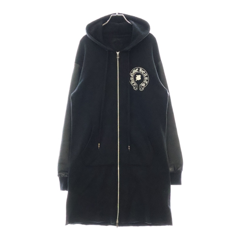 ×Bella Hadid BELLA HD PLVR SHT ×ベラハディッド イニシャルパッチロゴ ダガージップ レザー切り替えロング丈パーカー フーディー レディース ブラック Bランク