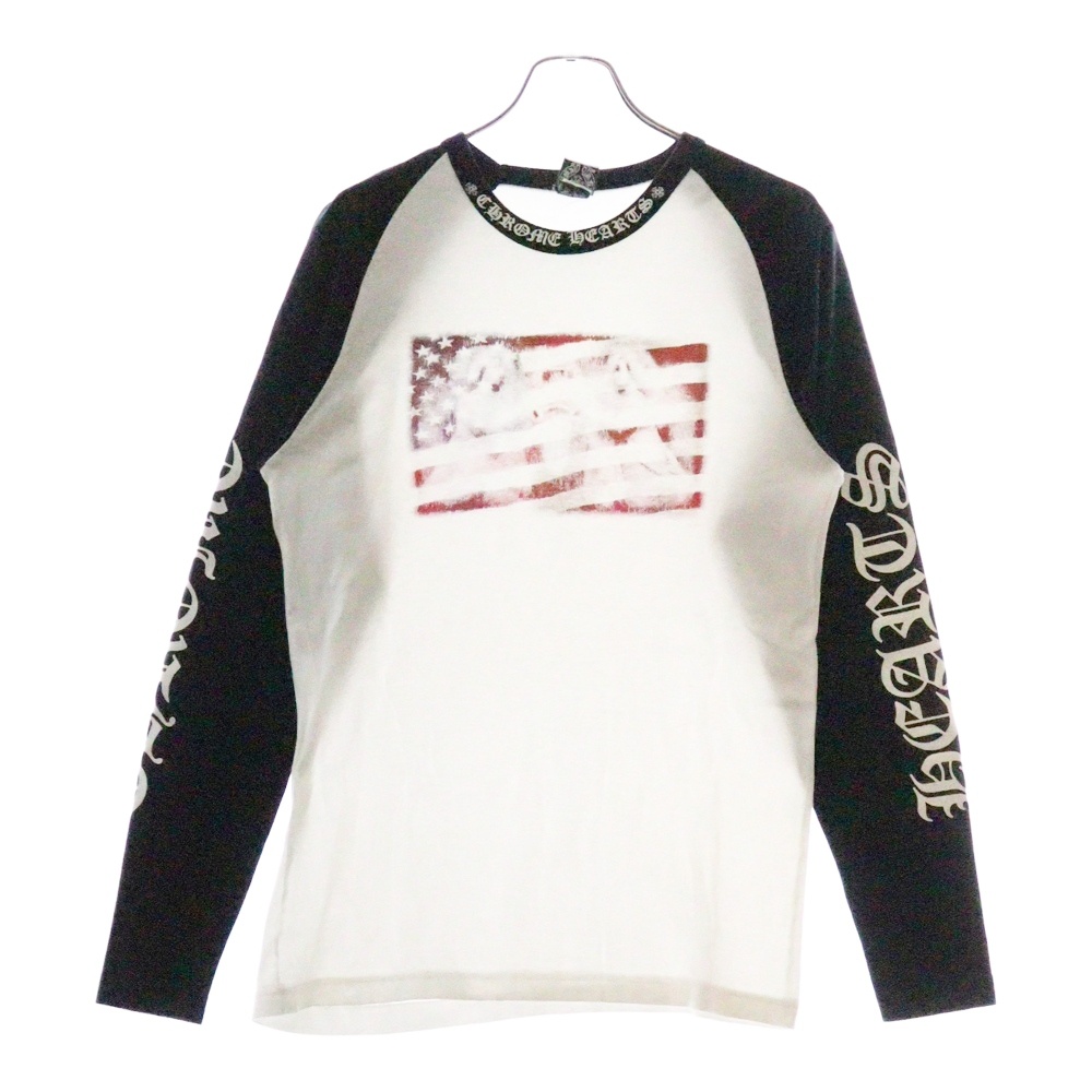 CH L S OLD ネックロゴ アメリカンフラッグ ラグラン 長袖Tシャツ ホワイト Bランク