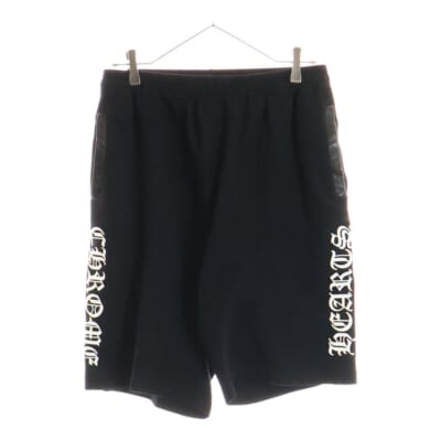 TRACK PANTS サイドロゴクロスボールスナップボタン レザー切替トラックショーツ ハーフパンツ ブラック Aランク