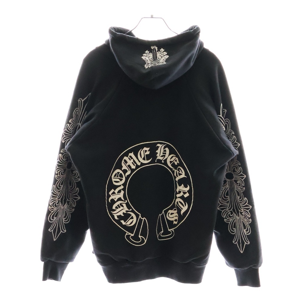OLD SWTSHRT PLVR オールドモデル 袖フローラル フードホースシュープリントジップアップパーカー ブラック ボロチップ付き Bランク