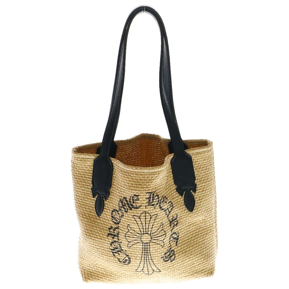 SMALL BEACHES BAG CHクロスプリントレザー切替ストロー素材トートバッグ ベージュ Bランク