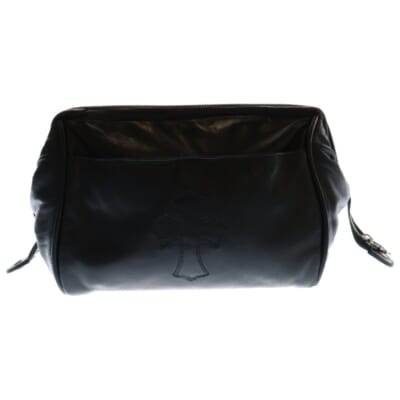 COSMETIC POUCH クロスパッチ付き ダガージップ 化粧ポーチ レザー ブラック Bランク