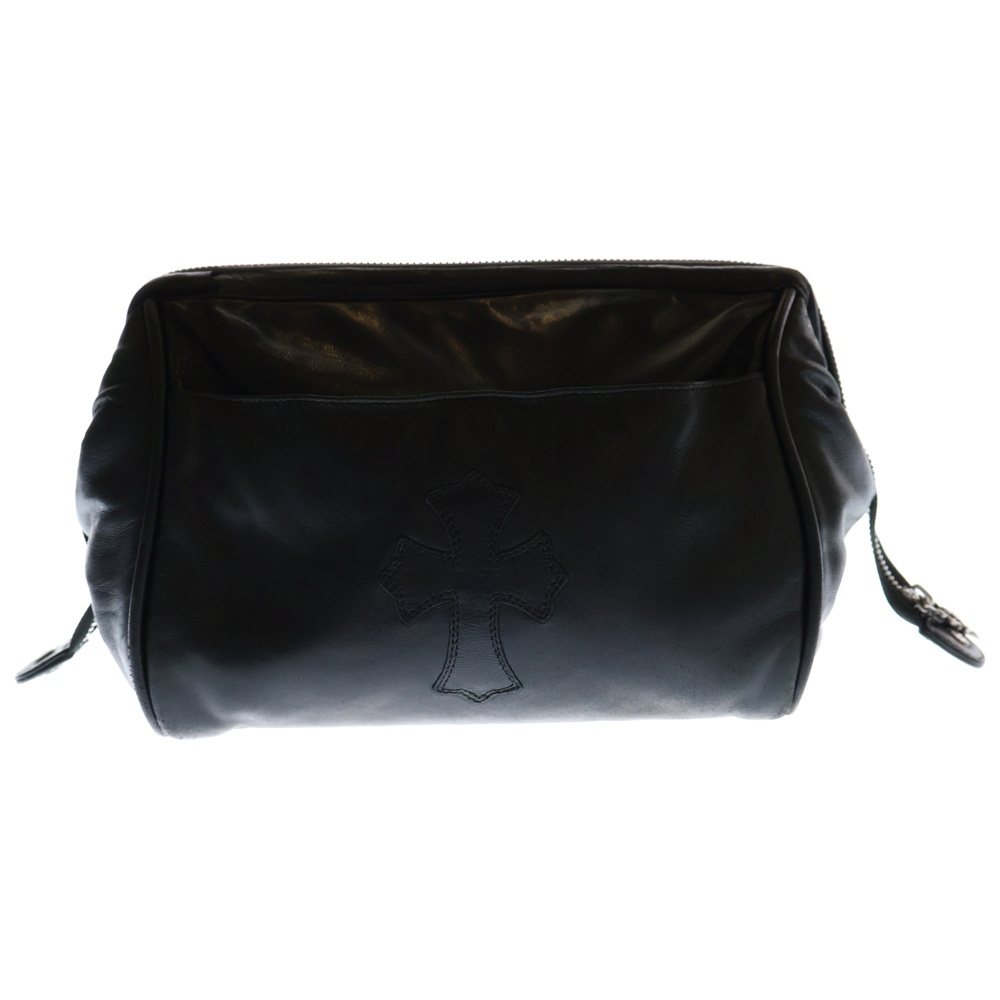 COSMETIC POUCH クロスパッチ付き ダガージップ 化粧ポーチ レザー ブラック Bランク