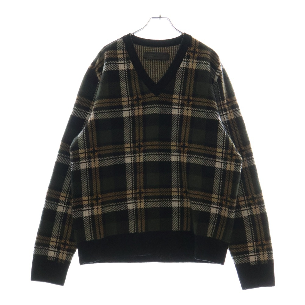BIG CITY V NECK チェック柄カシミヤブレンドVネックニットセーター グリーン/ブラック Bランク