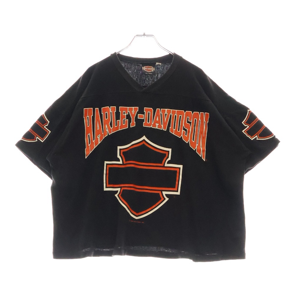 90s HARLEY-DAVIDSON ハーレーダビッドソン ロゴプリント フットボール 半袖Tシャツ カットソー ブラック Bランク