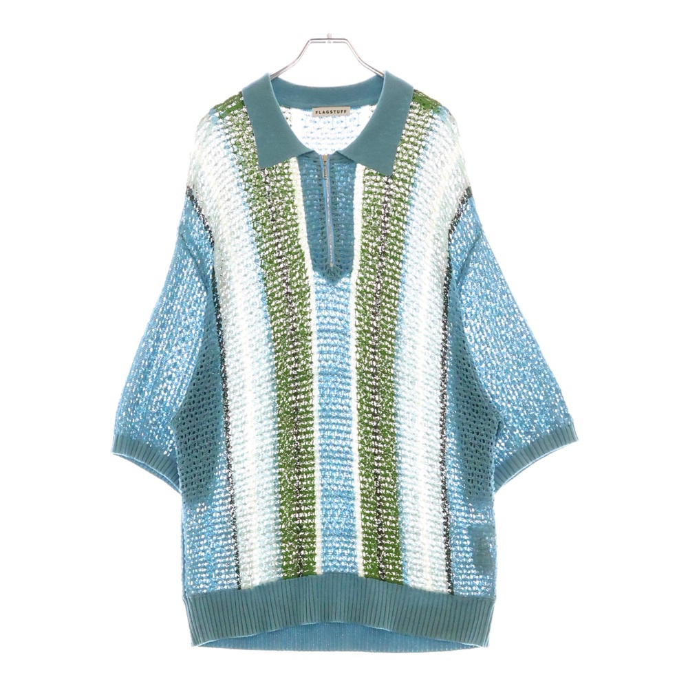 24SS STRIPE S/S H/Z SUMMER SWEATER ストライプ総柄 ハーフジップ 半袖 サマーセーター ニット ポロシャツ ライトブルー/グリーン FS1476 Bランク
