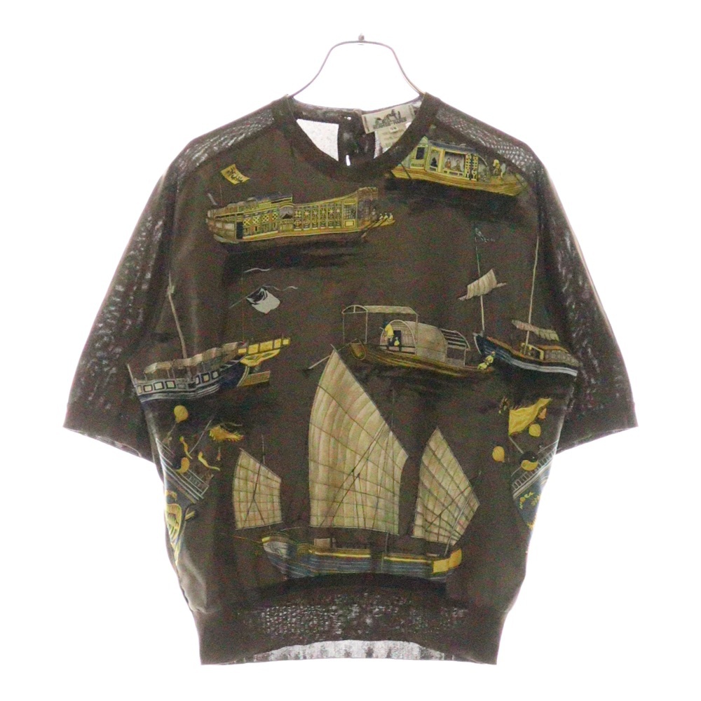 JONQUES ET SAMPANS ジョンケスエサンパン グラフィックプリント シルク クルーネック半袖Tシャツ カットソー ブラウン Bランク