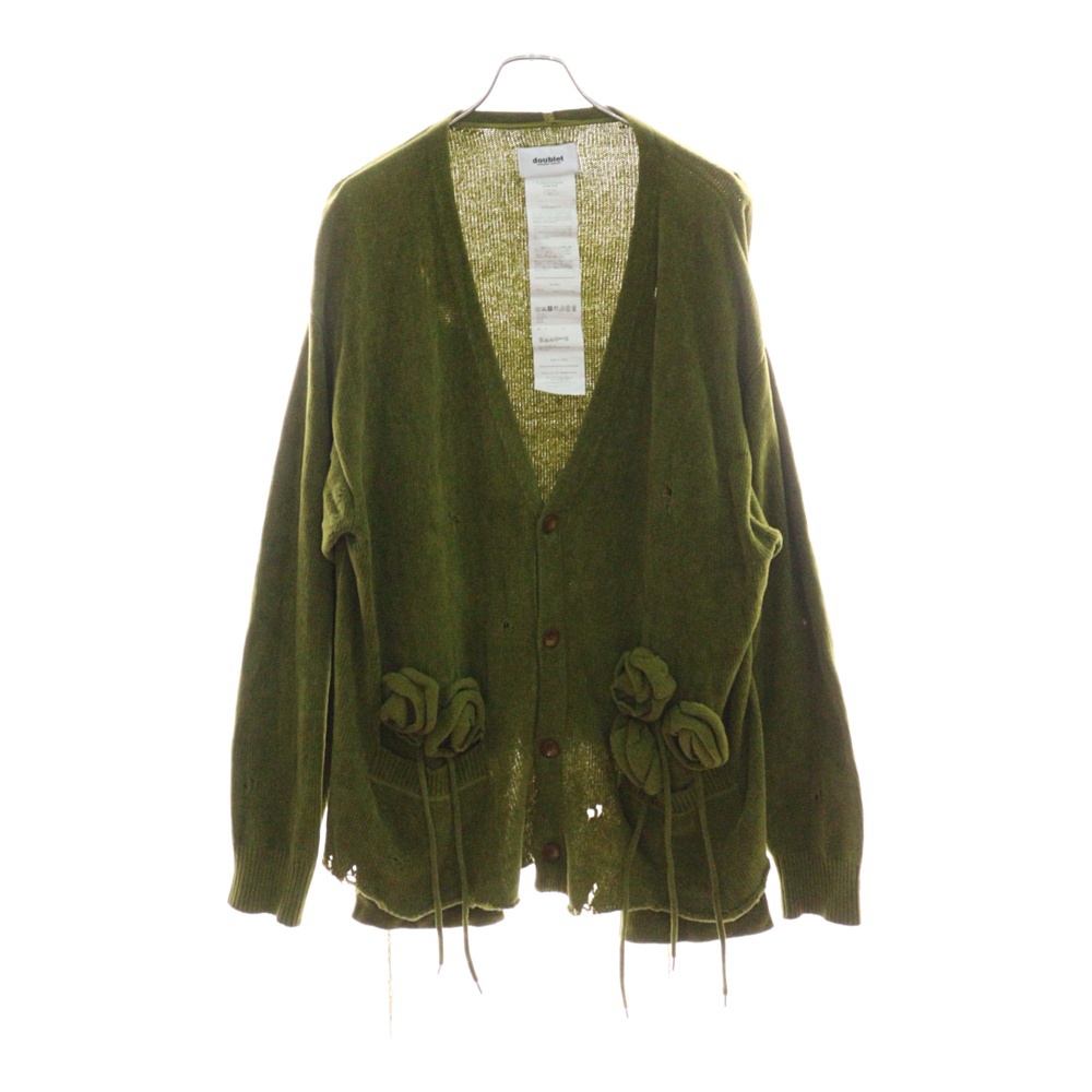 21SS FLOWER CORSAGE CARDIGAN フラワーコサージュ ダメージ加工 コットン ニットカーディガン グリーン 21SS40KN48 Bランク