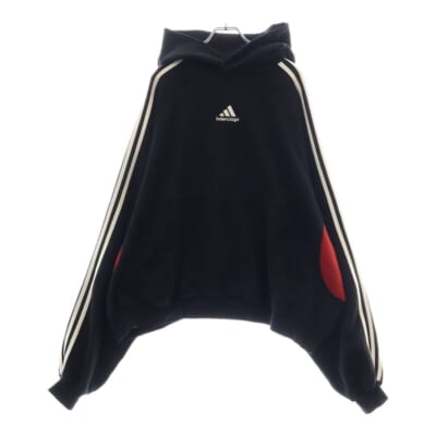 22AW ×adidas HOODIE LARGE FIT アディダス ダメージ加工 サイドスリーストライプ ラージフィット スウェット プルオーバーパーカー ブラック 724556 TNVA8 Bランク
