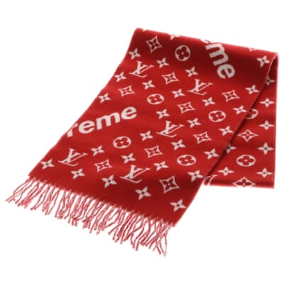 x SUPREME LV Monogram Scarf シュプリーム カシミヤ混 モノグラム スカーフウールマフラー レッド MP1891 AB0137 Sランク