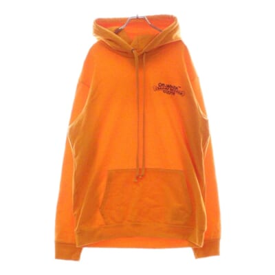 18SS ×OFF WHITE HD PLVR V OFF WHITE オフホワイト 両面ロゴプリント スウェット プルオーバーパーカー オレンジ Sランク