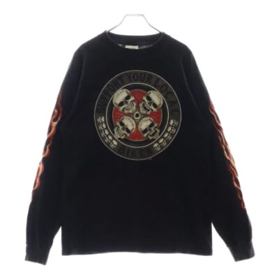 90s VINTAGE SUPPORT YOUR LOCAL BIKER TEE ヴィンテージ サポート ユア ローカル バイカー クルーネック長袖Tシャツ ファイアーパターン ブラック Cランク