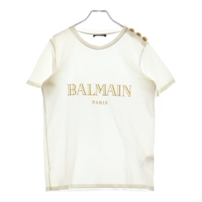 ショルダーボタン装飾 ロゴプリント クルーネック 半袖Tシャツカットソー ホワイト 108564 326I レディース Aランク