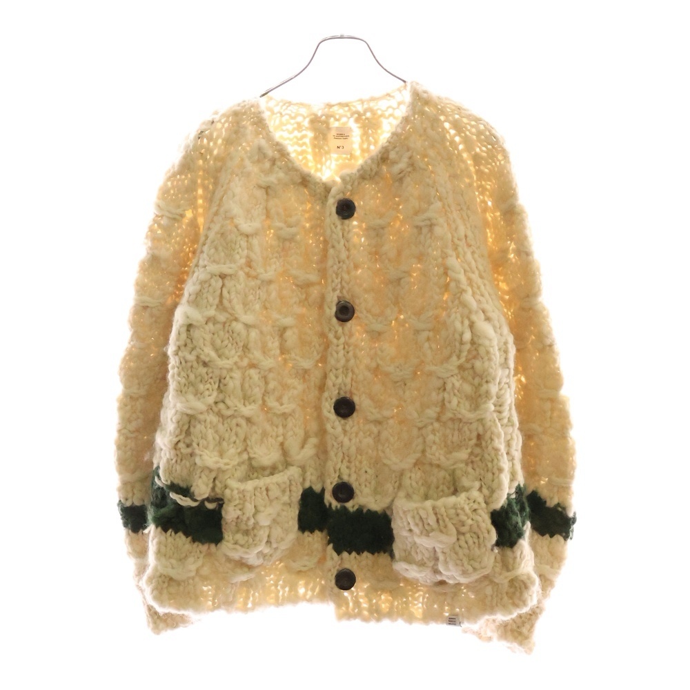 L/S HAND KNITTED CARDIGAN JAGO ペルーニットカーディガン アイボリー/グリーン Bランク