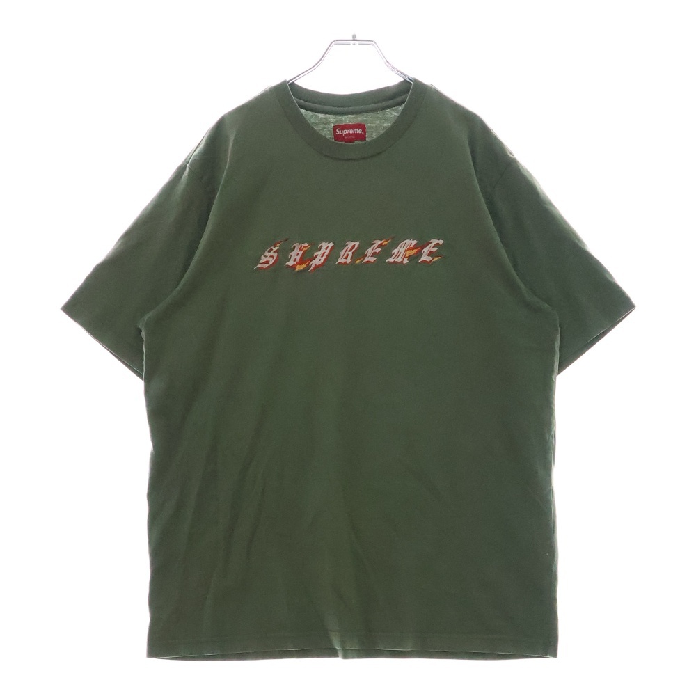 22SS Flames Tee フレイム ロゴ刺繍 クルーネック半袖Tシャツ カットソー カーキ Bランク