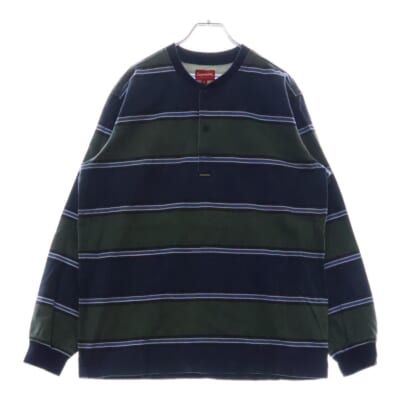 16AW Printed Stripe Twill Henley プリンテッド ストライプ ツイル ヘンリー 長袖 ポロシャツ カットソー ネイビー/グリーン Bランク