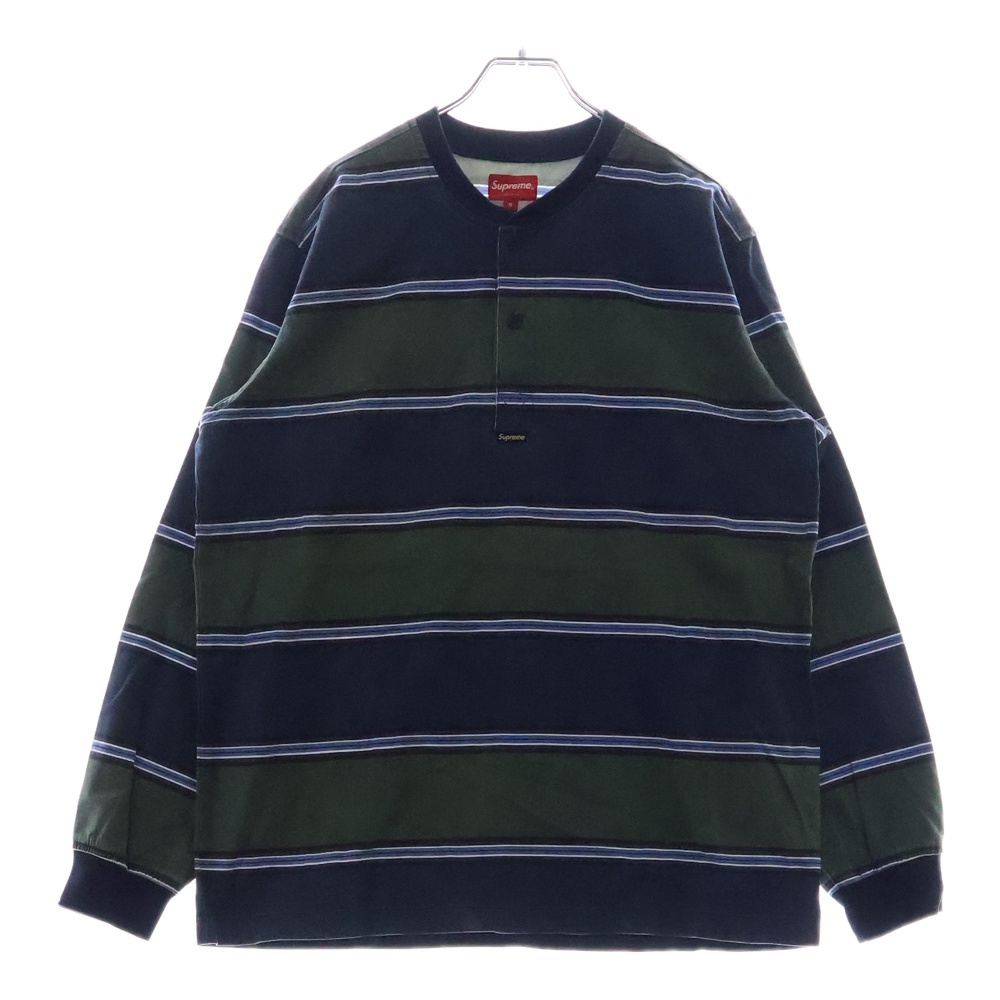 16AW Printed Stripe Twill Henley プリンテッド ストライプ ツイル ヘンリー 長袖 ポロシャツ カットソー ネイビー/グリーン Bランク