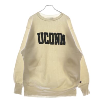 90S VINTAGE REVERSE WEAVE UCONN ヴィンテージ リバース ウィーブ 刺繍タグ カレッジロゴプリント クルーネック スウェット トレーナー ホワイト Bランク