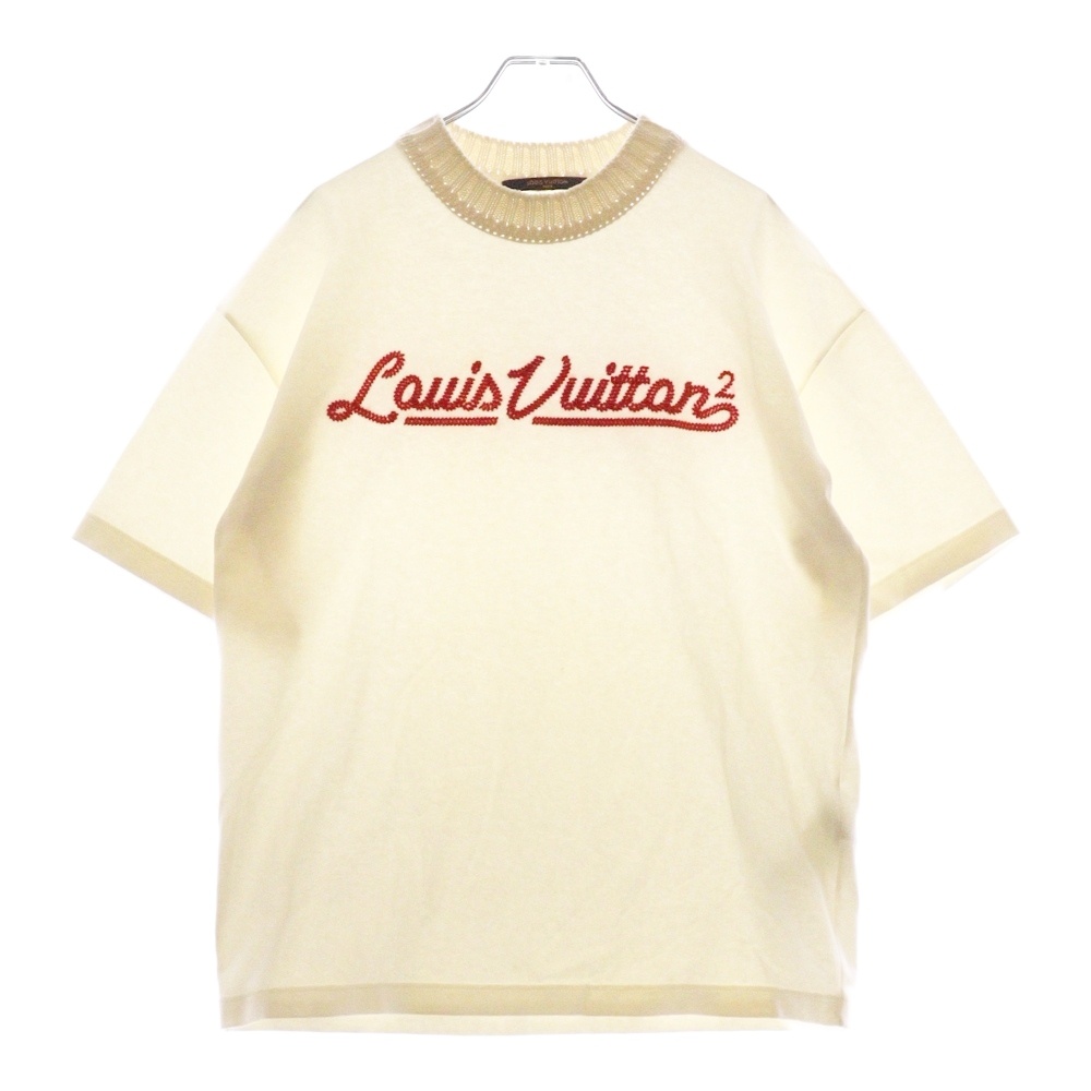 22SS ロゴエンブロイダリー コットン ニット モックネック 半袖Tシャツ カットソー アイボリー RM221M NPL HMY01W Bランク