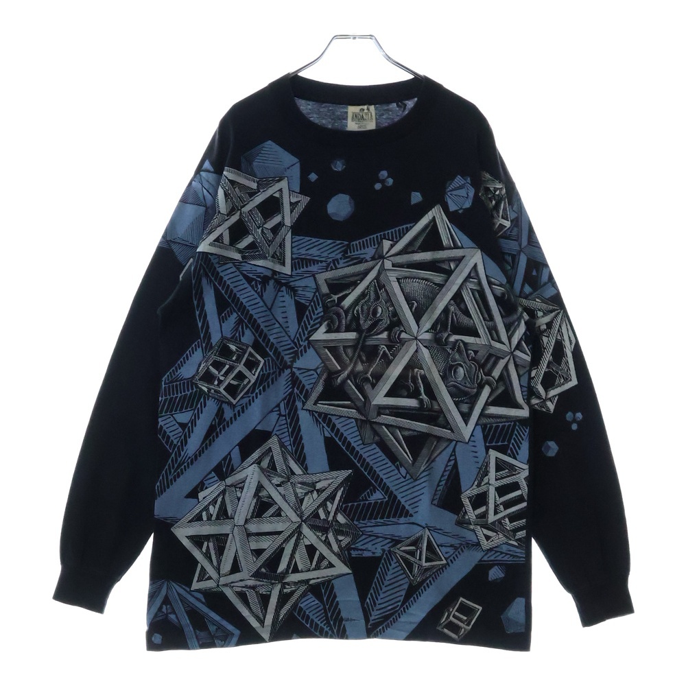 90S M.C. Escher OVP L/S エッシャー カメレオン オーバープリント ロングスリーブ 長袖Tシャツ ブラック Bランク