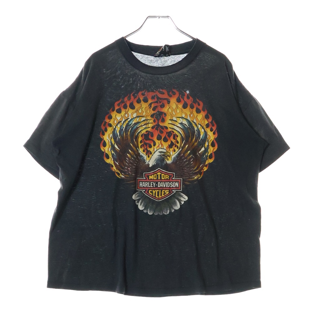 90's HOLOUBEK ファイヤーイーグル プリント半袖Tシャツ カットソー ブラック Cランク