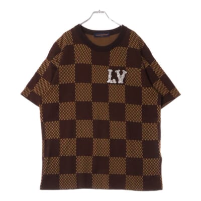 24SS LVラインストーン ダミエ ニット クルーネック半袖Tシャツカットソー ブラウン RM241 AUR HQN63W Aランク