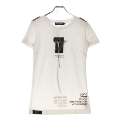 ショルダークラウンボタン装飾 フラワープリント クルーネック 半袖tシャツ ホワイト レディース F8M23Z G7WVI Aランク