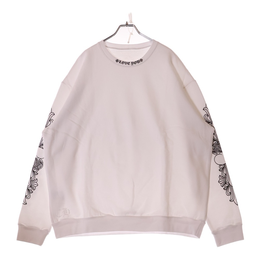 LOVE YOU NECK LOGO ラブユー ネックロゴ 袖フローラルプリント クルーネックスウェット ホワイト Sランク