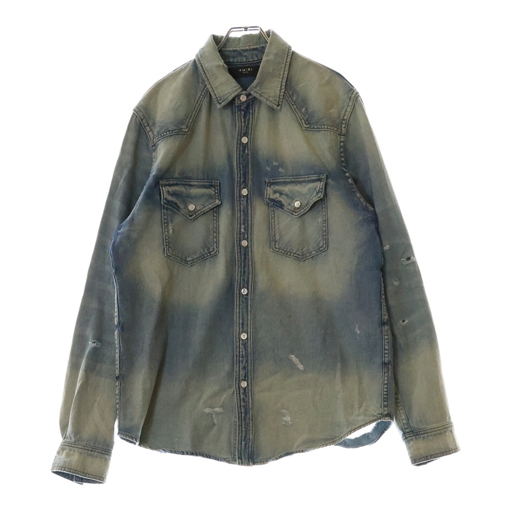 バックロゴカモレザー ダメージ加工 デニム 長袖シャツ インディゴ Bランク