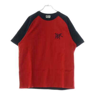 ×Shawn Stussy ショーンステューシー ラグランスリーブ 半袖Tシャツ クルーネックカットソー レッド/ブラック 183J654A0677 Aランク