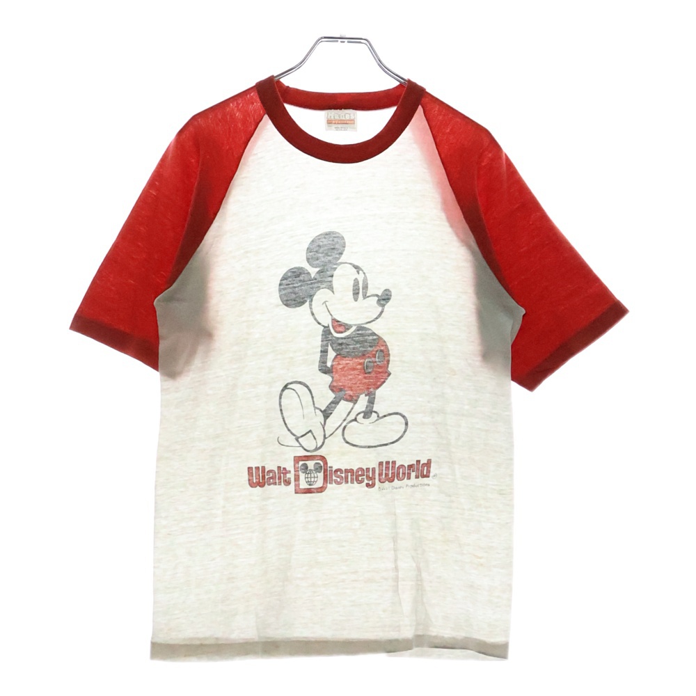 80s Disney ミッキーマウス ラグラン クルーネック半袖Tシャツカットソー ホワイト/レッド Cランク
