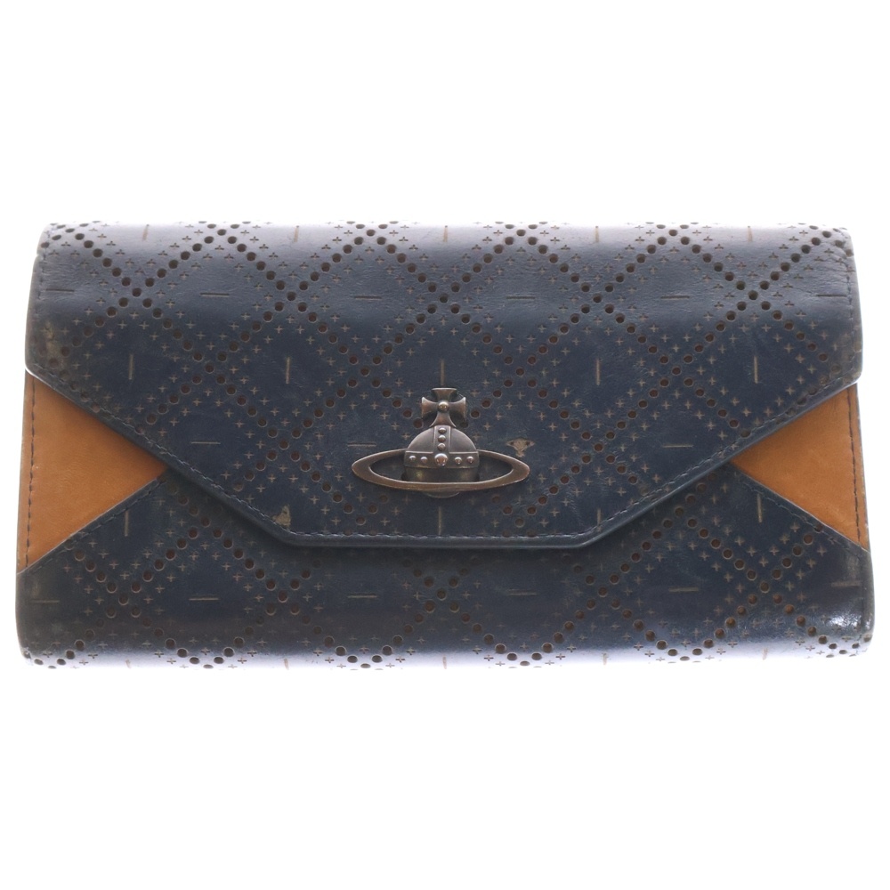 オーブロゴプレート バイカラー パンチングレザー ロングウォレット 長財布 ネイビー/ブラウン Bランク