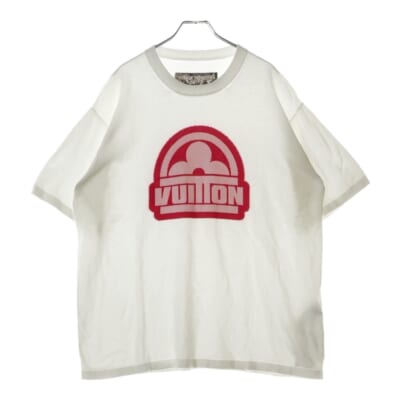 23AW フロントロゴプリント クルーネック コットンニット 半袖Tシャツ カットソー ホワイト/ピンク RM232M HA0 HPN30W Bランク